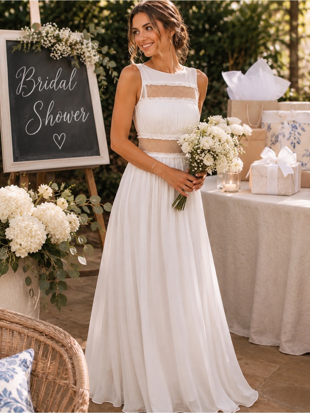 Ivory White Silk-Blend Pleated Maxi Dress